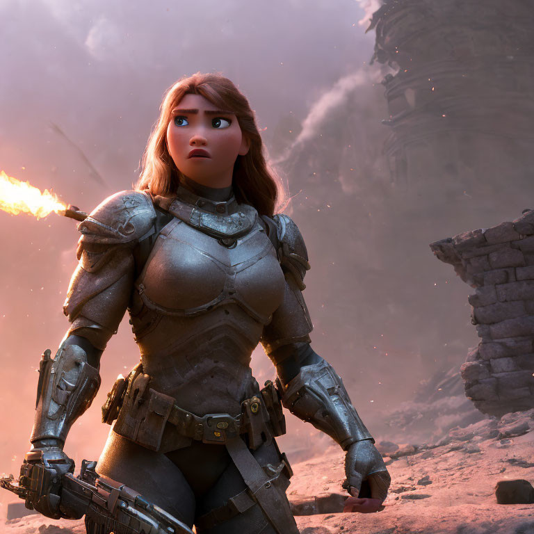 Female warrior in futuristic armor amid fiery explosions.