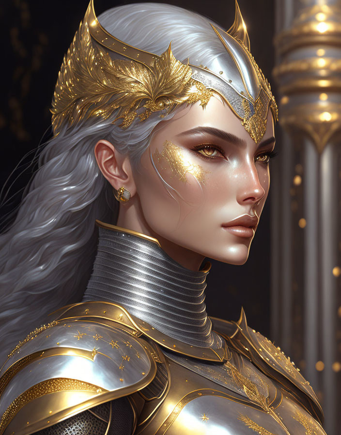 Regal Female Figure in Silver Hair and Golden Armor