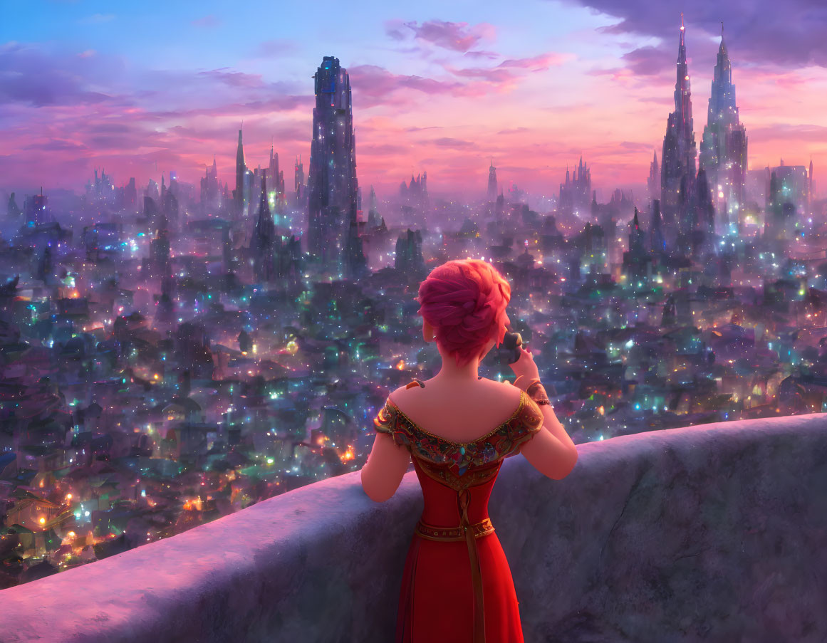 Pink-haired woman in red dress gazes at futuristic city from balcony.