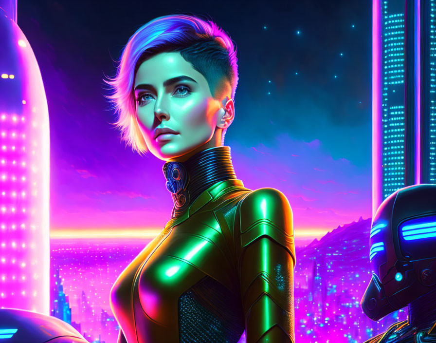 Futuristic digital artwork of woman with neon cityscape & robot