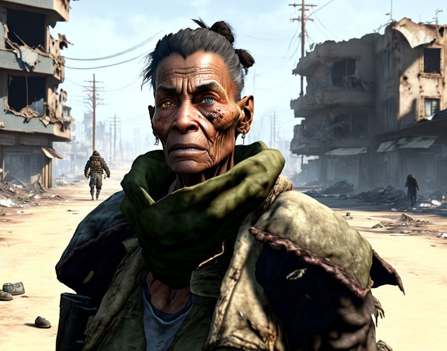 Elderly woman with scars in ragged clothes, soldier in war-torn cityscape