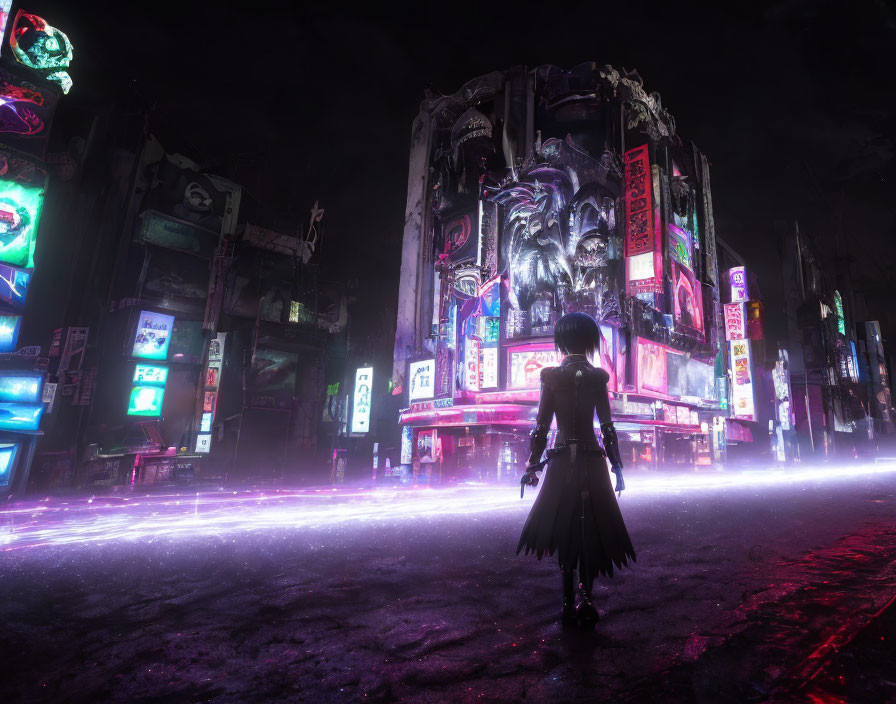 Neon-lit cyberpunk street with futuristic building and glowing ground line