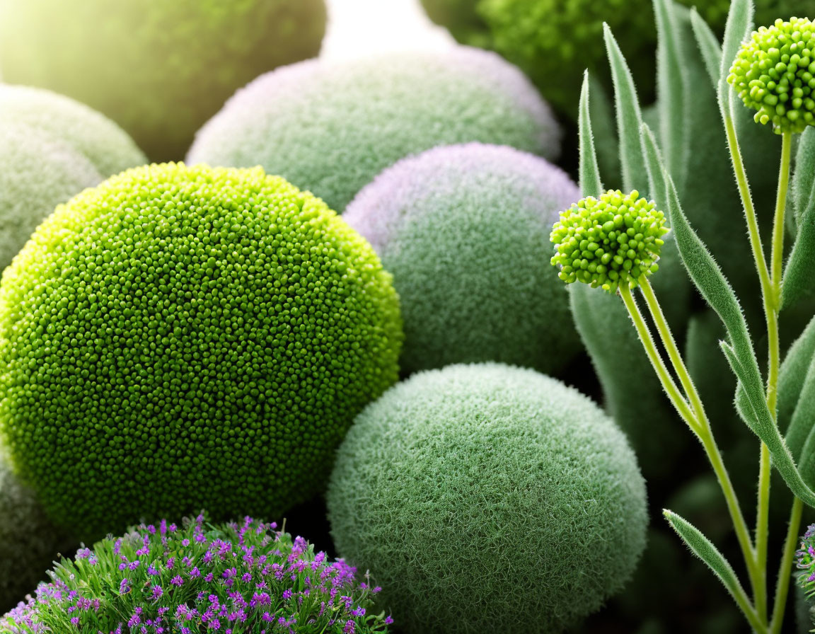 Diverse Green Spherical Plants with Purple Flowers