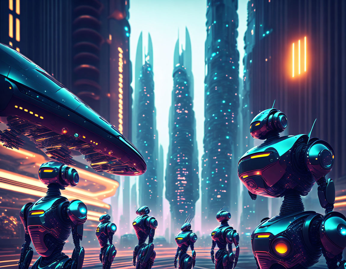 Futuristic cityscape with neon-lit skyscrapers and robots