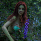 Brown-haired 3D character in green dress among lush foliage with purple flowers