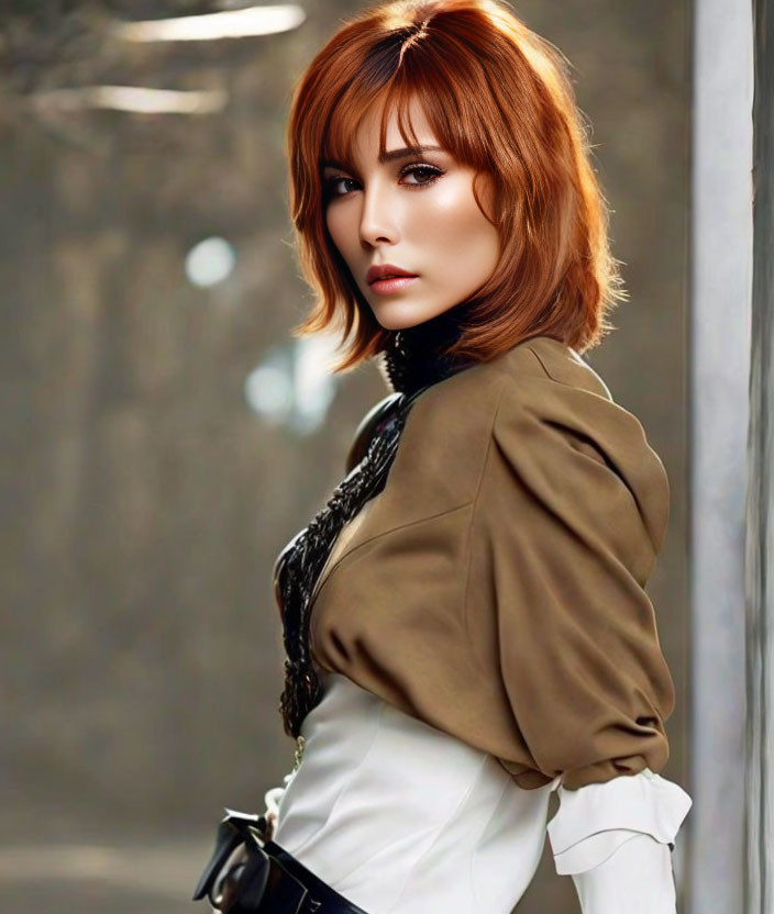 Short Red-Haired Woman in White Blouse and Brown Blazer Looking Back