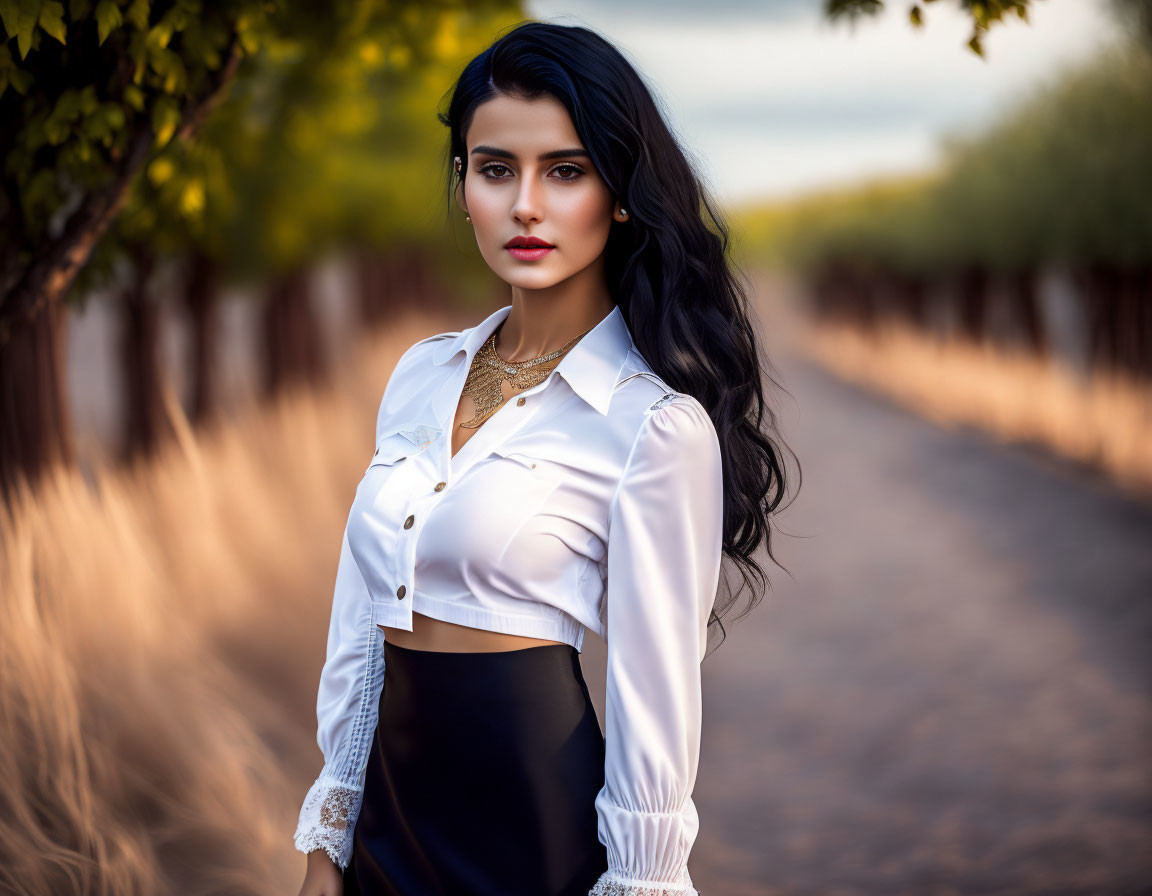 Dark-haired woman in white blouse and black skirt on tree-lined path exudes elegance