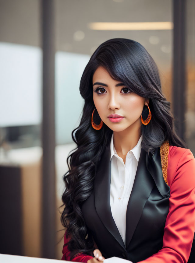 Dark-haired woman in red and black outfit with hoop earrings gazes at camera