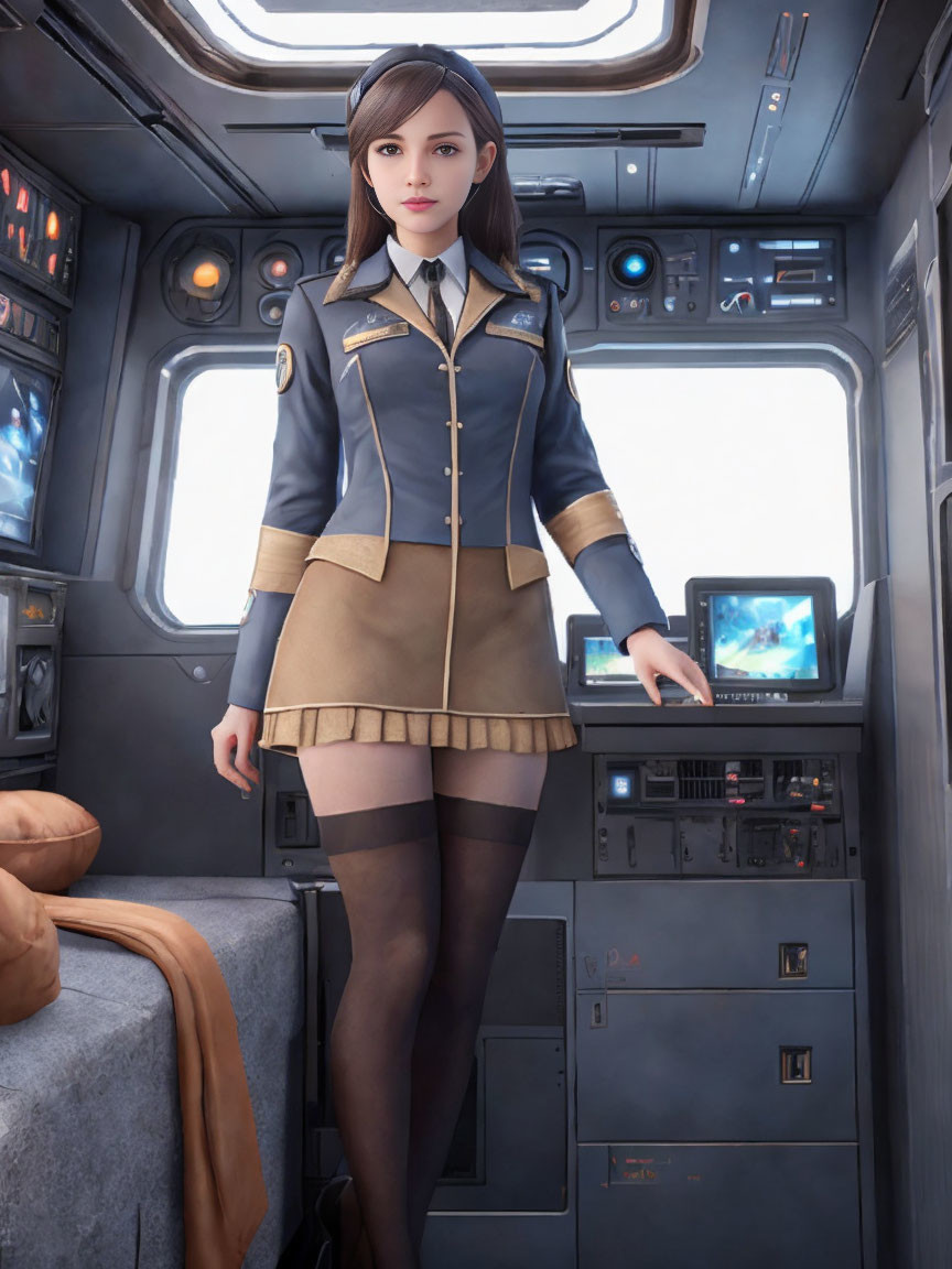 Digital artwork of woman in sci-fi uniform in futuristic spacecraft cockpit