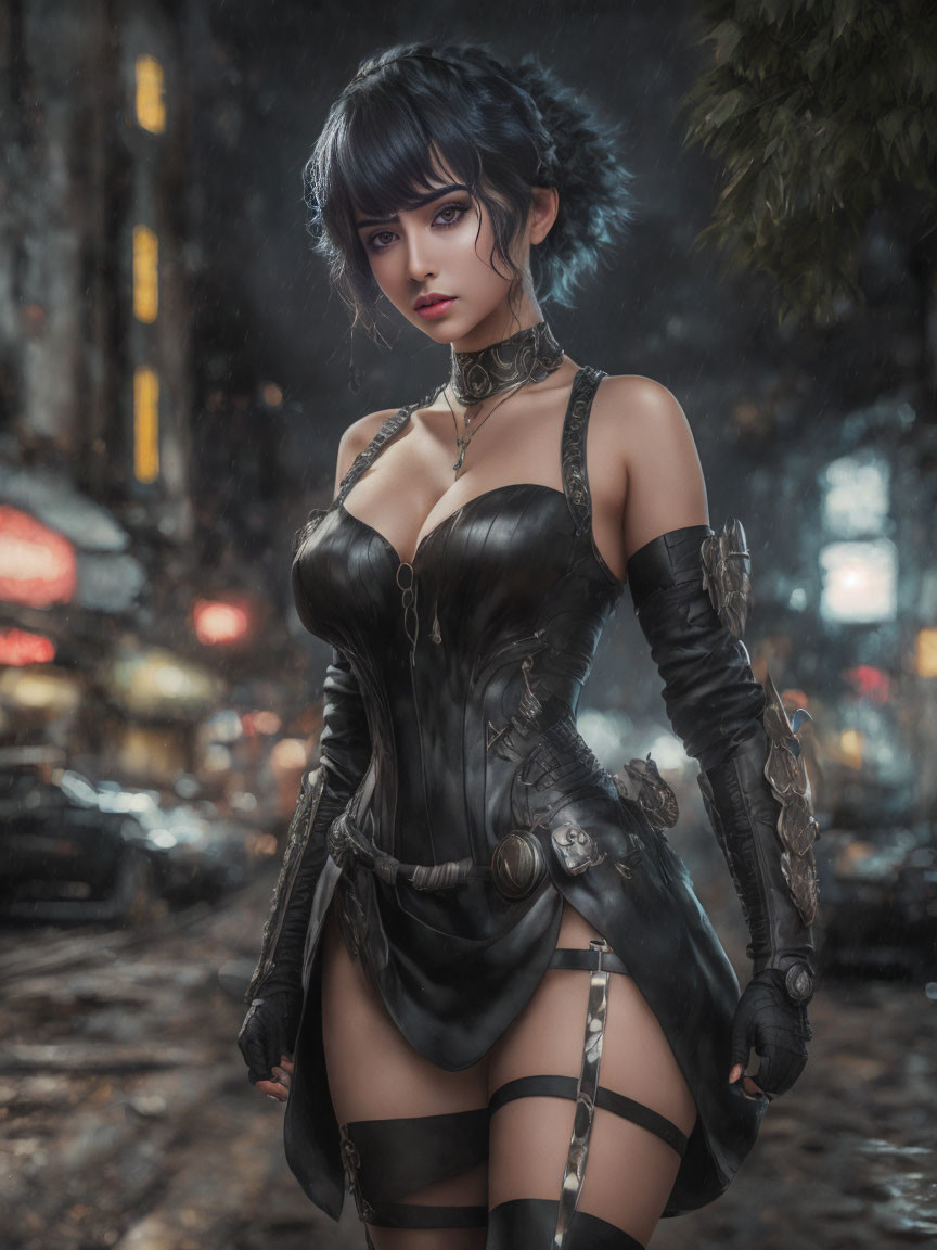 Dark-haired woman in fantasy outfit in urban setting