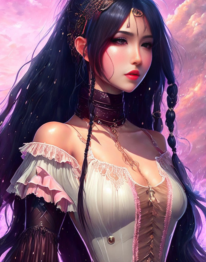 Digital artwork of woman with black hair, red lips, corset, choker, against pink cloud