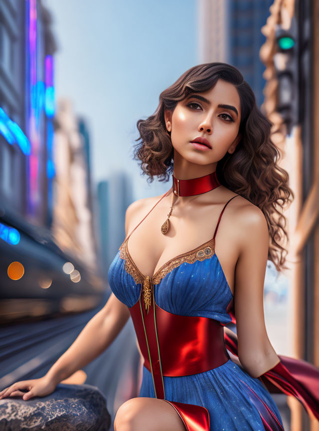 Curly-haired woman in superhero dress and choker in urban setting