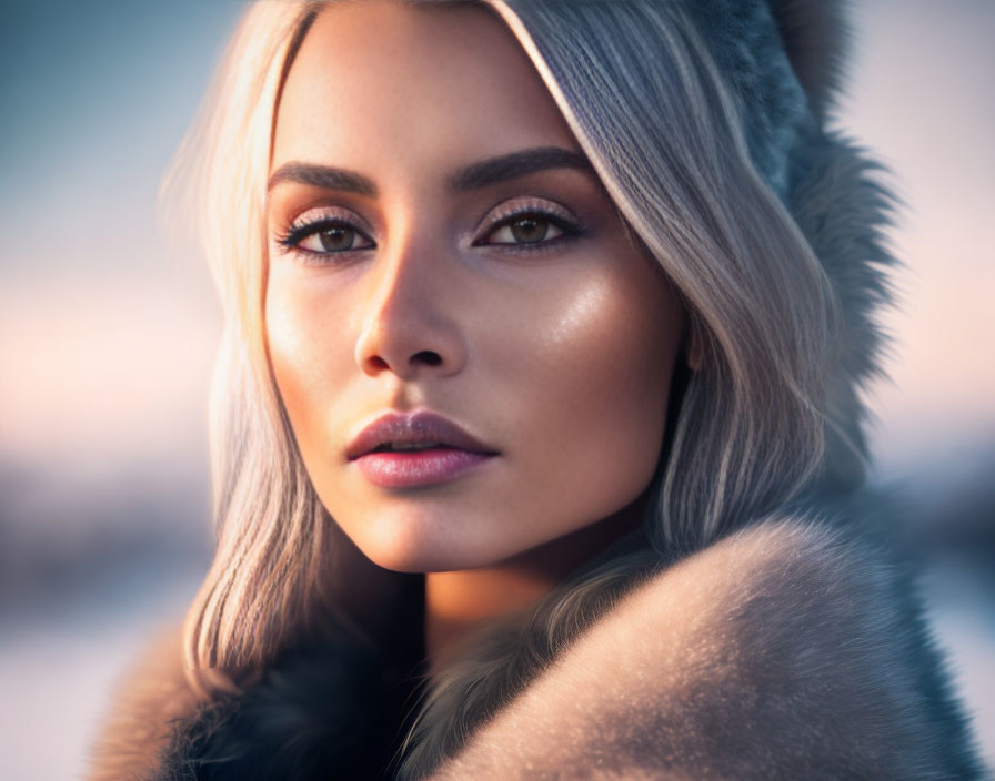 Portrait of Woman with Platinum Blonde Hair and Striking Makeup in Fur Hood - Cold Climate Background