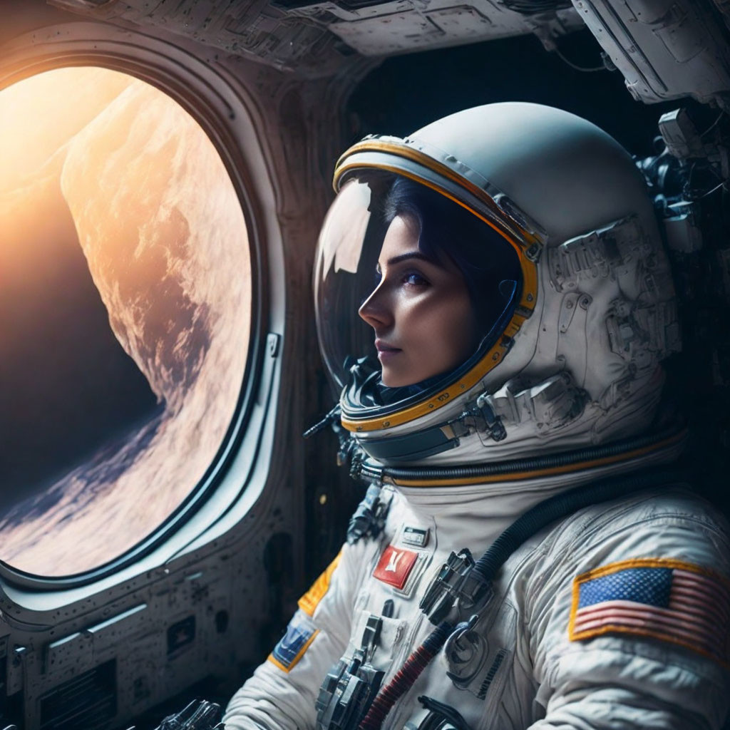 Astronaut in space suit looking at planet from spacecraft