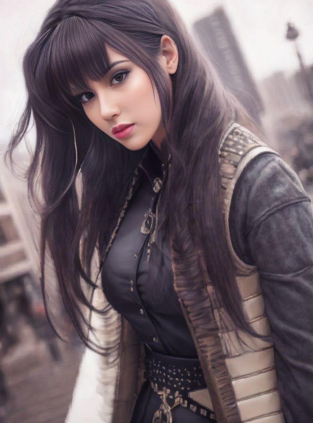 Dark-haired woman in stylish brown and black outfit with metallic details gazes at camera