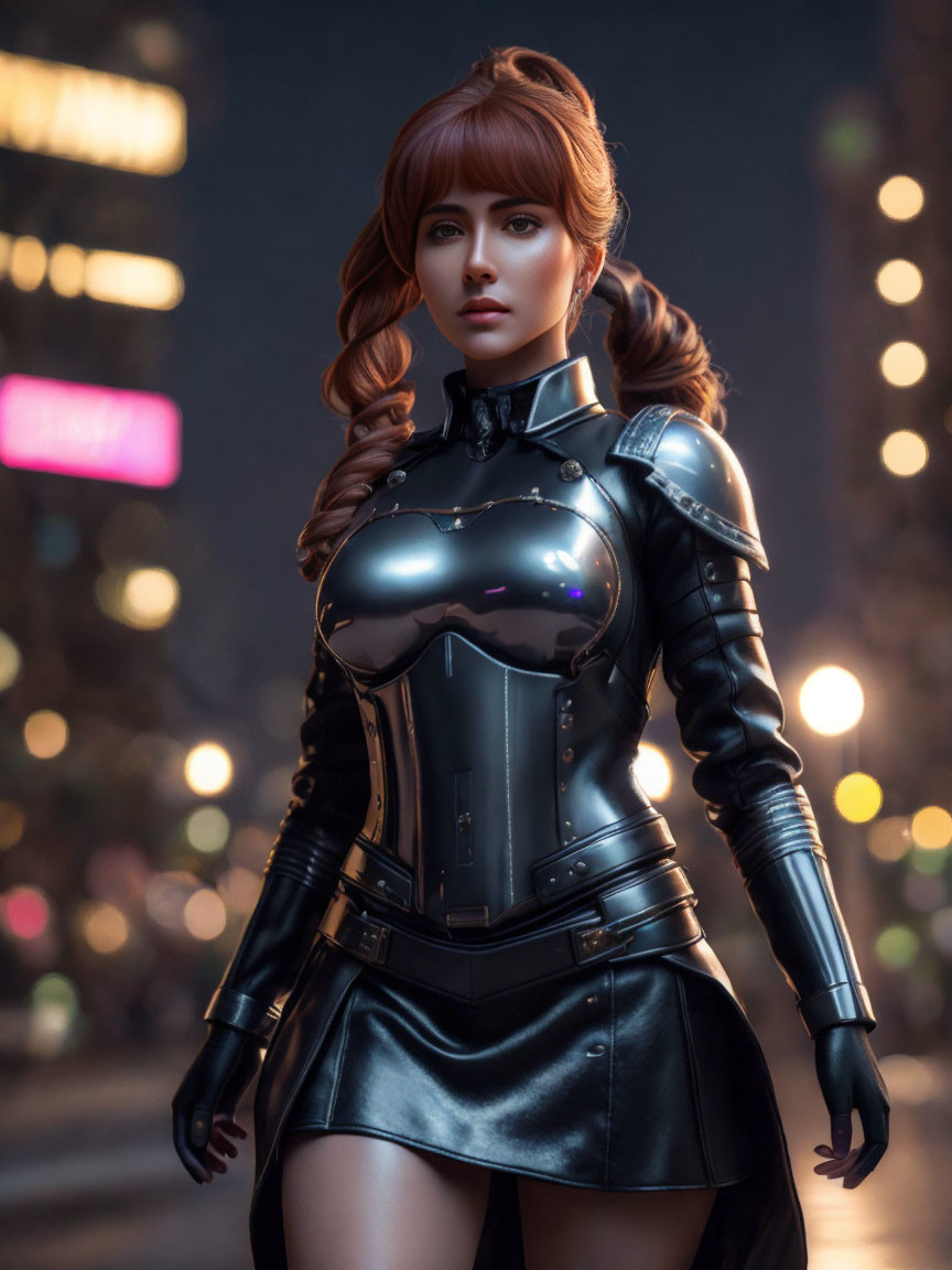 Red-haired woman in futuristic black armor on city night backdrop