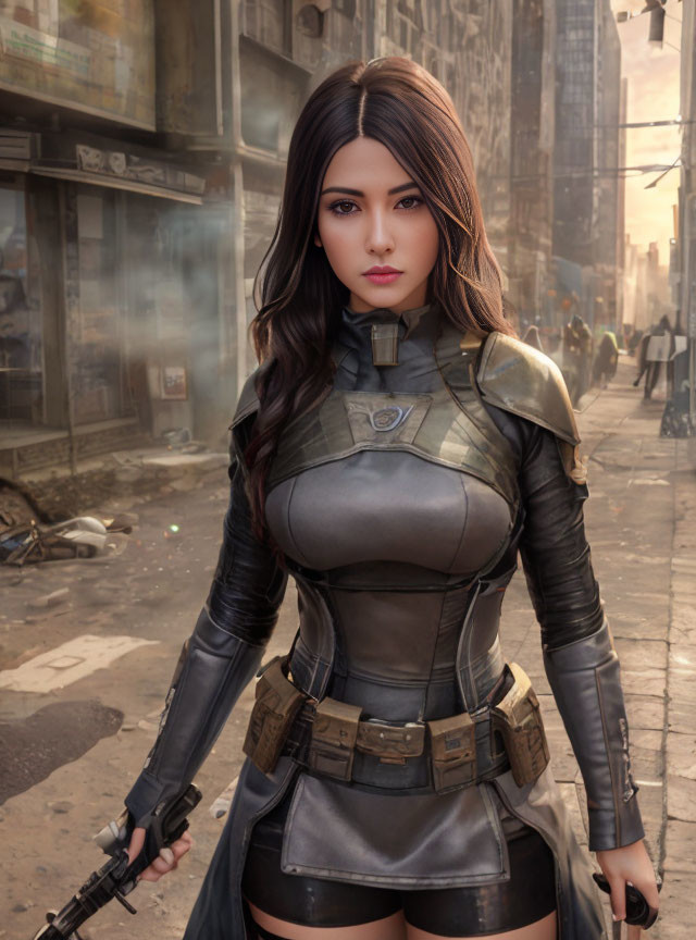 Futuristic armor woman with gun in dystopian cityscape