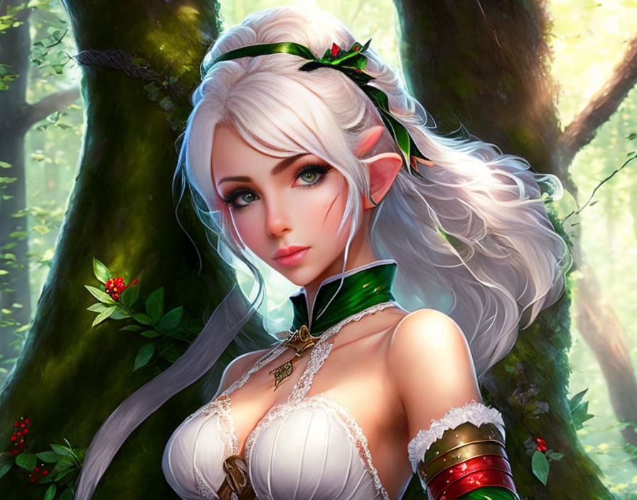 Illustrated white-haired elven woman with red flowers in green forest.