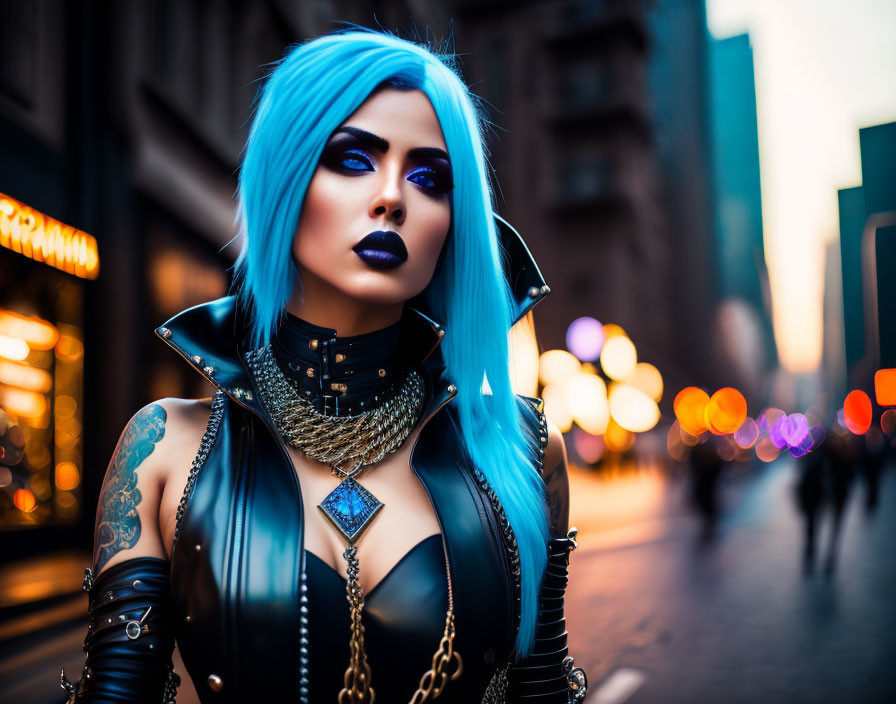 Blue-haired person in punk outfit on city street at twilight