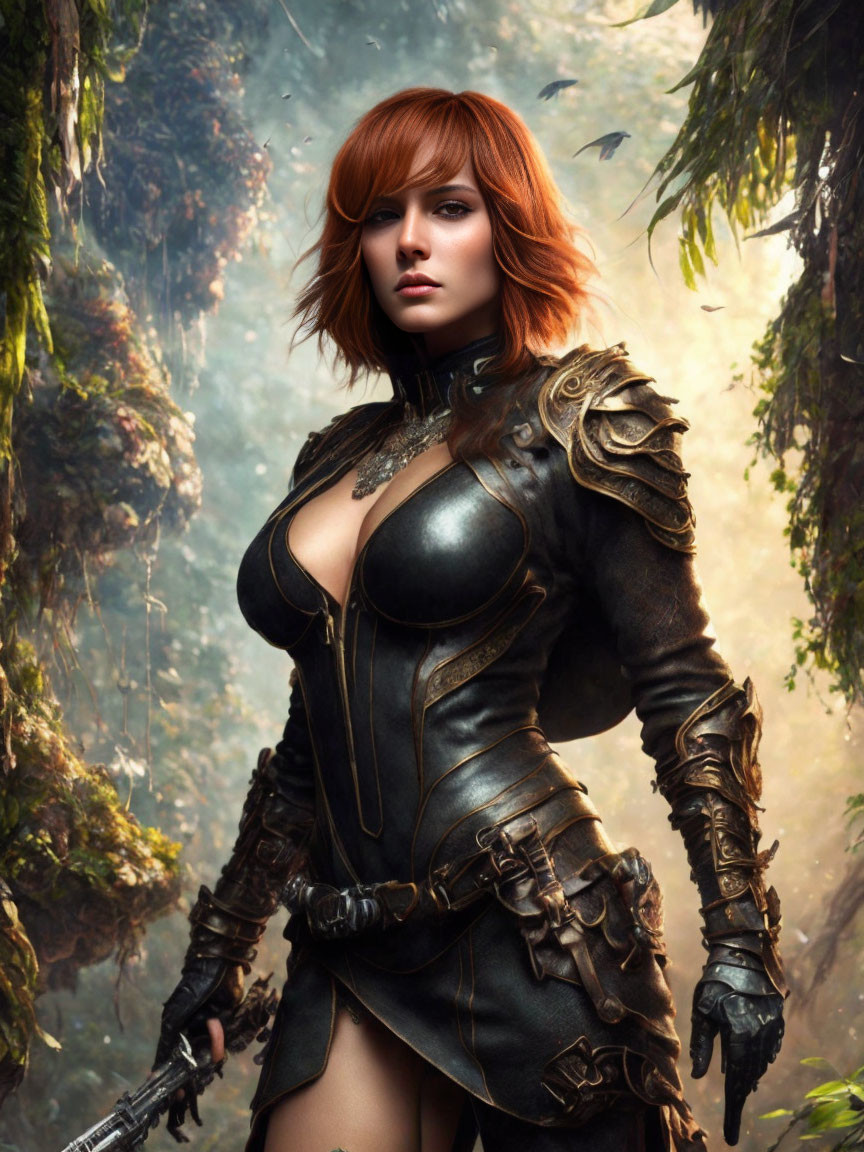 Red-haired female warrior in black armor with futuristic rifle in lush forest