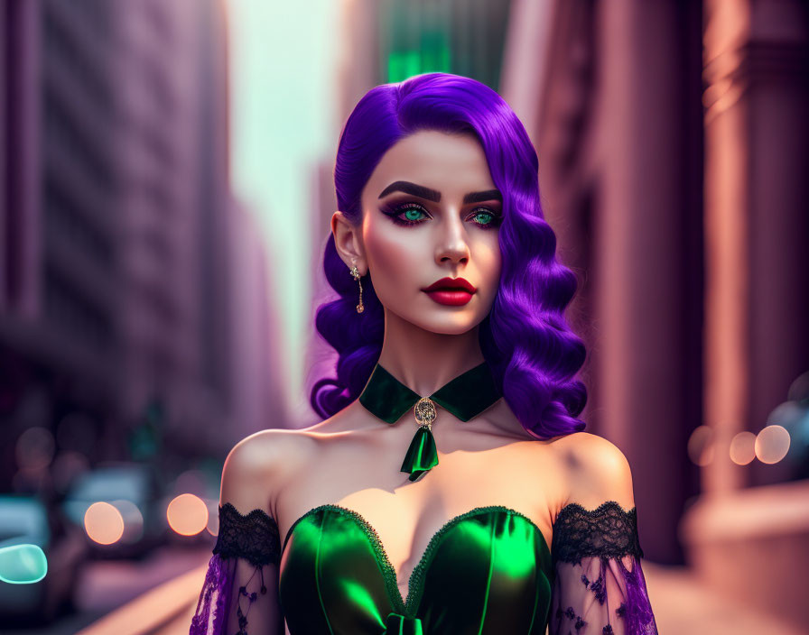 Vibrant digital artwork of a woman with purple hair and blue eyes in green attire, set in