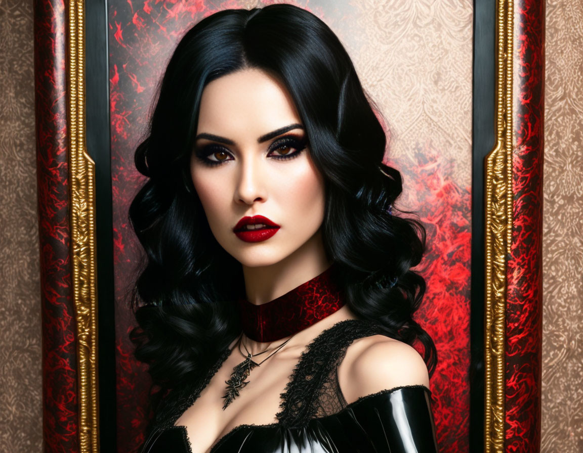 Dark-haired woman in vintage style against luxurious gothic background