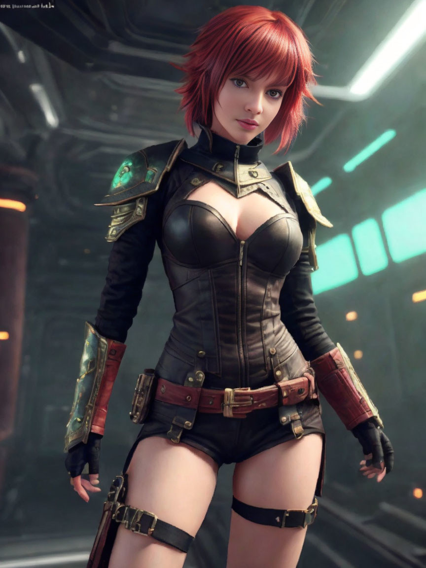 Red-haired female character in futuristic black bodysuit in sci-fi corridor