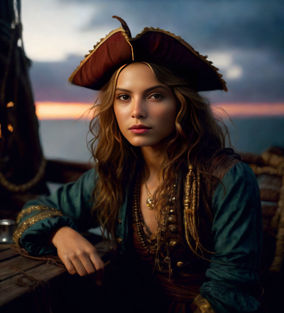 Woman in pirate costume with tricorn hat on ship at dusk.