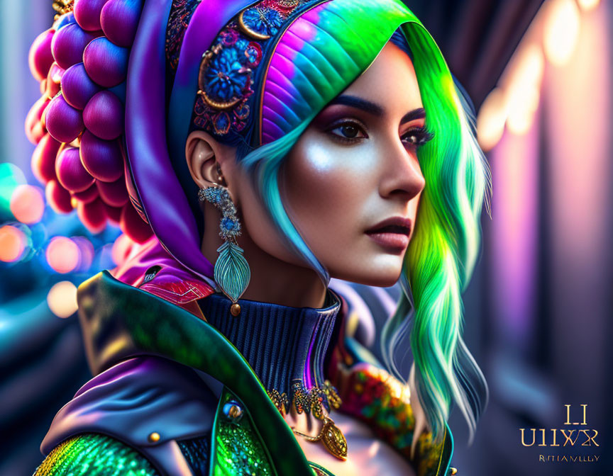 Vibrant multicolored hair and futuristic costume on a digital portrait