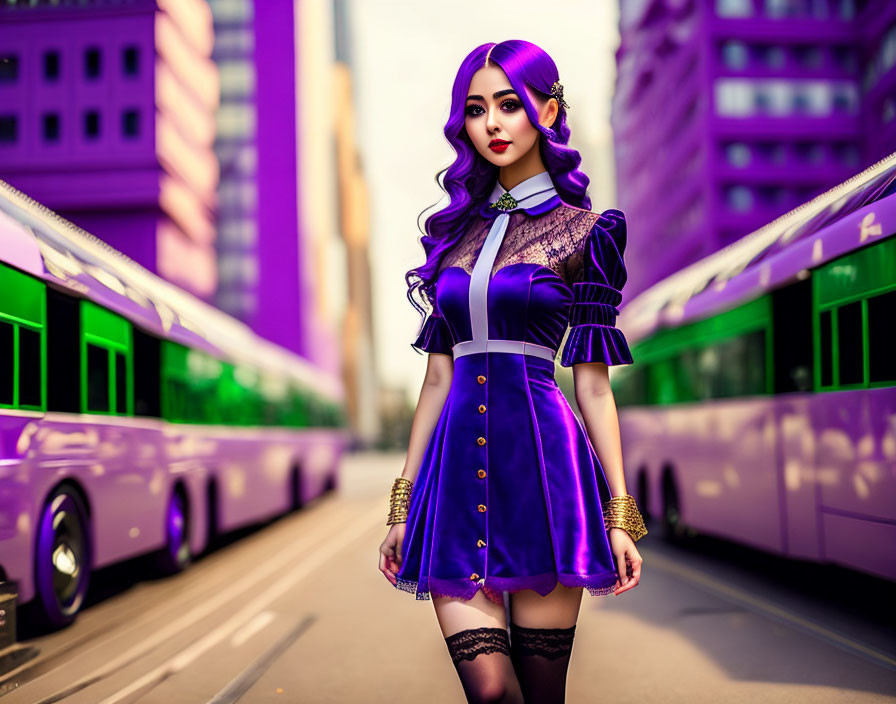 Purple-haired woman in gothic dress on street with purple buses and cityscape.