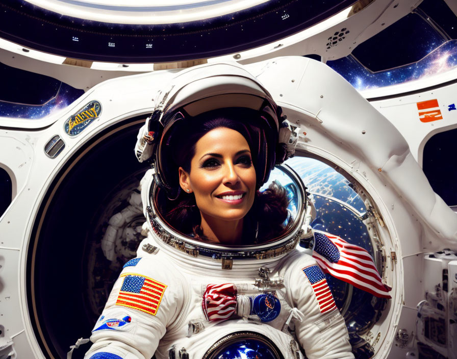 Smiling astronaut in white space suit inside spacecraft with Earth view.