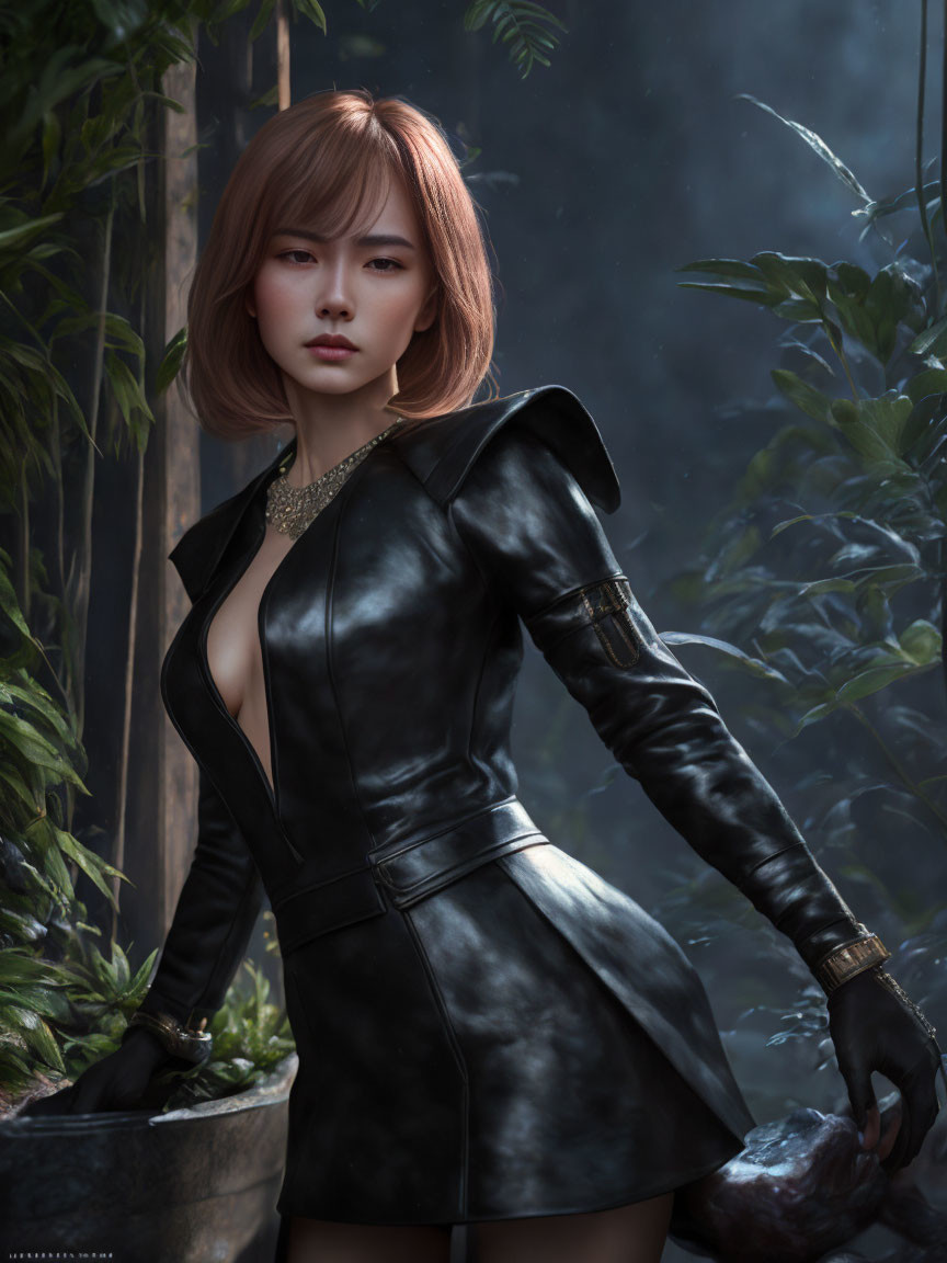 Portrait of woman in leather dress with bobbed hair in misty jungle setting