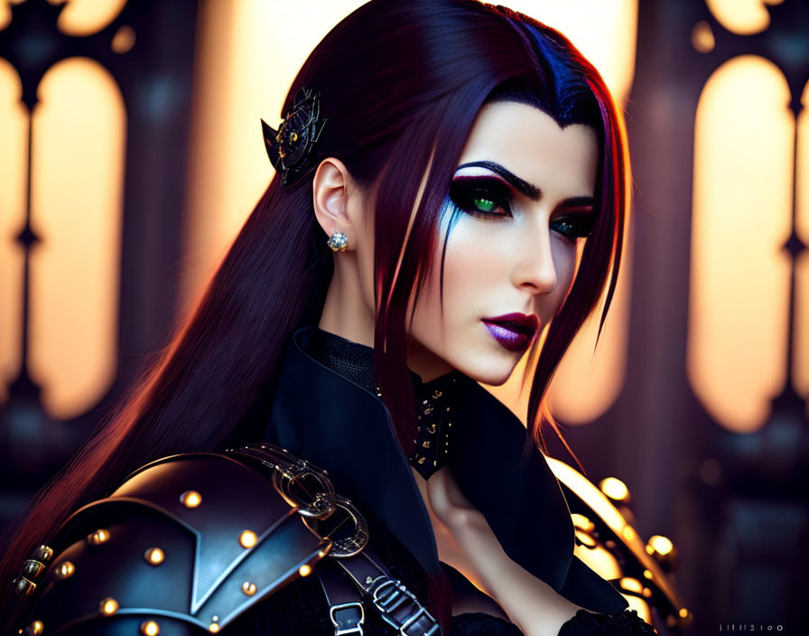 Female character in dark medieval armor with golden accents and striking makeup against blurred arches background