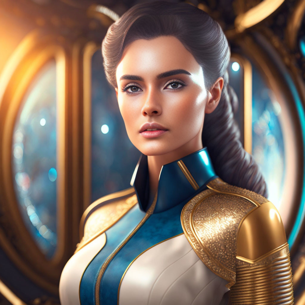 Digital artwork: Woman in braided updo, futuristic gold and blue armor, ornate window,