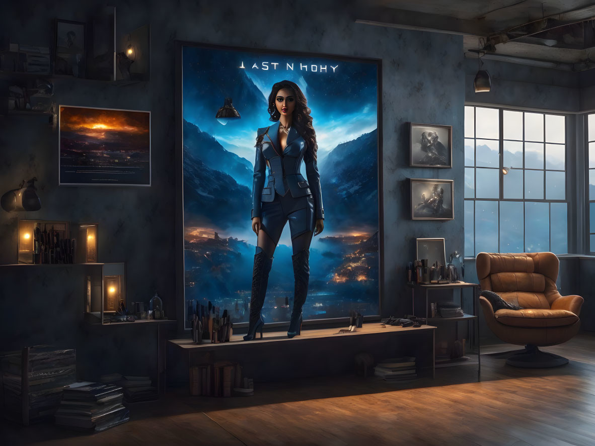 Futuristic outfit woman in dimly lit room with posters and hi-tech gadgets