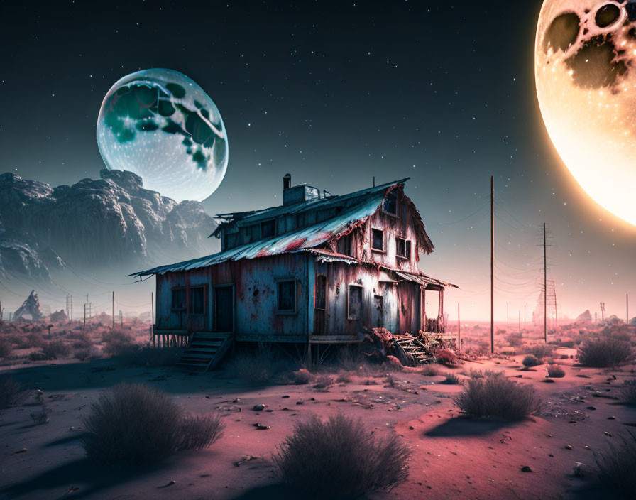 Desert night scene with abandoned house and celestial bodies