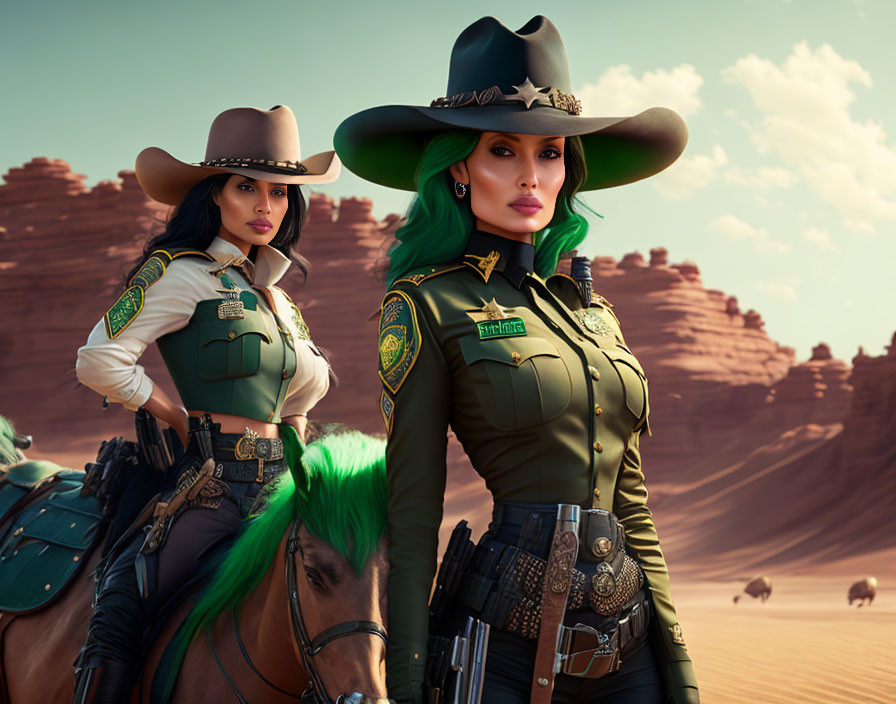 Two women in stylized sheriff outfits with wide-brimmed hats in desert setting.