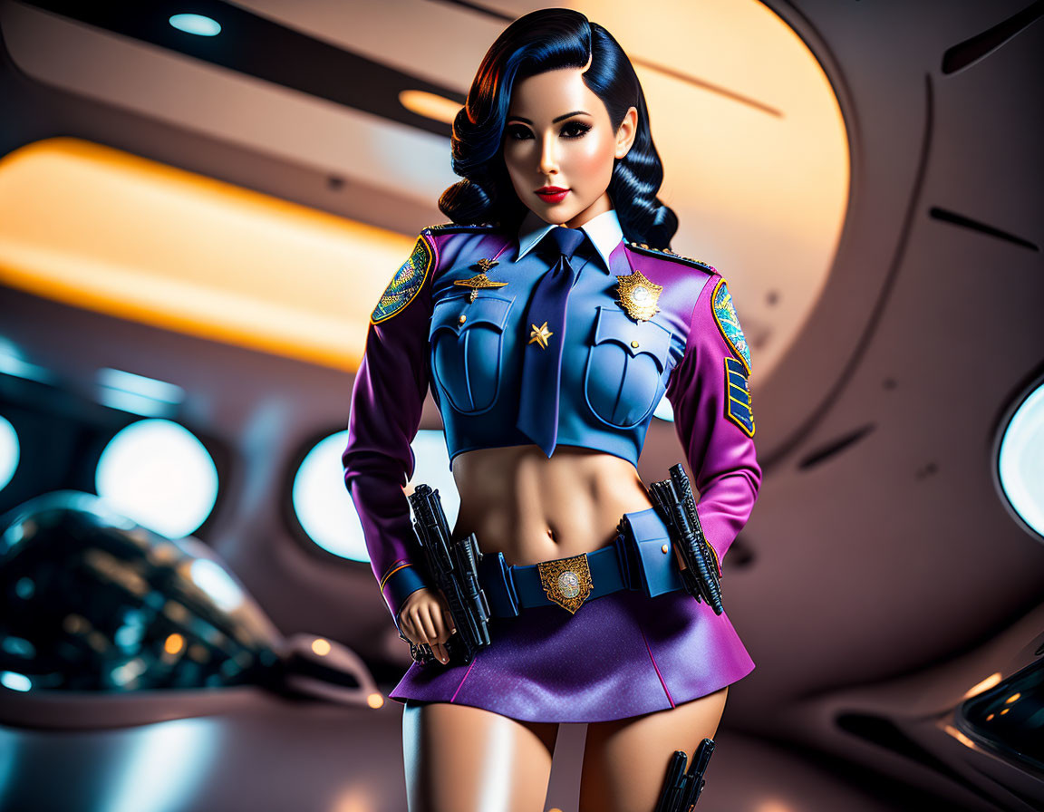 Stylized animated female figure in futuristic police uniform and sci-fi backdrop