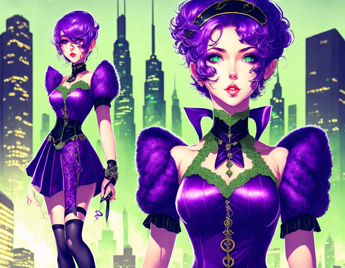 Purple-haired female character in gothic dress against futuristic cityscape