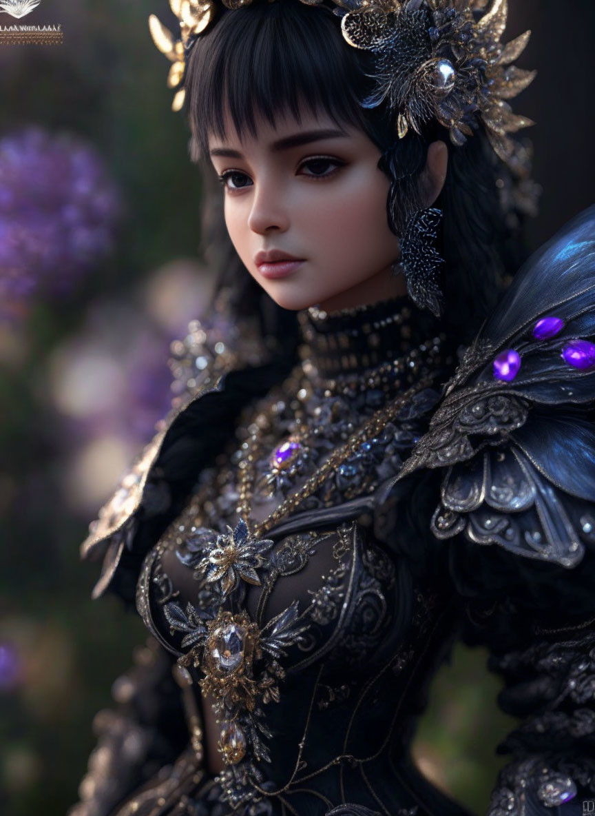 Woman in Black and Gold Fantasy Armor with Purple Accents