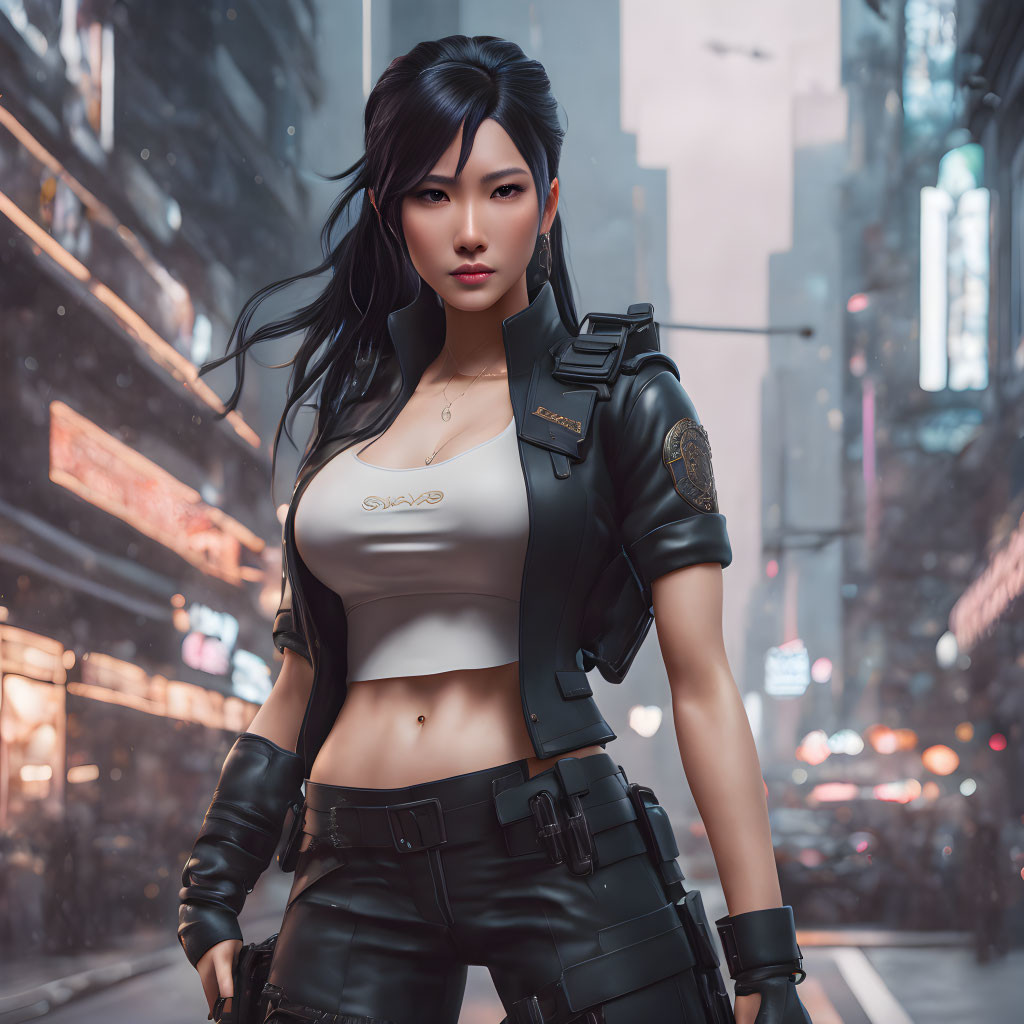 Digital artwork: Animated female character in black hair & tactical outfit against neon-lit urban backdrop