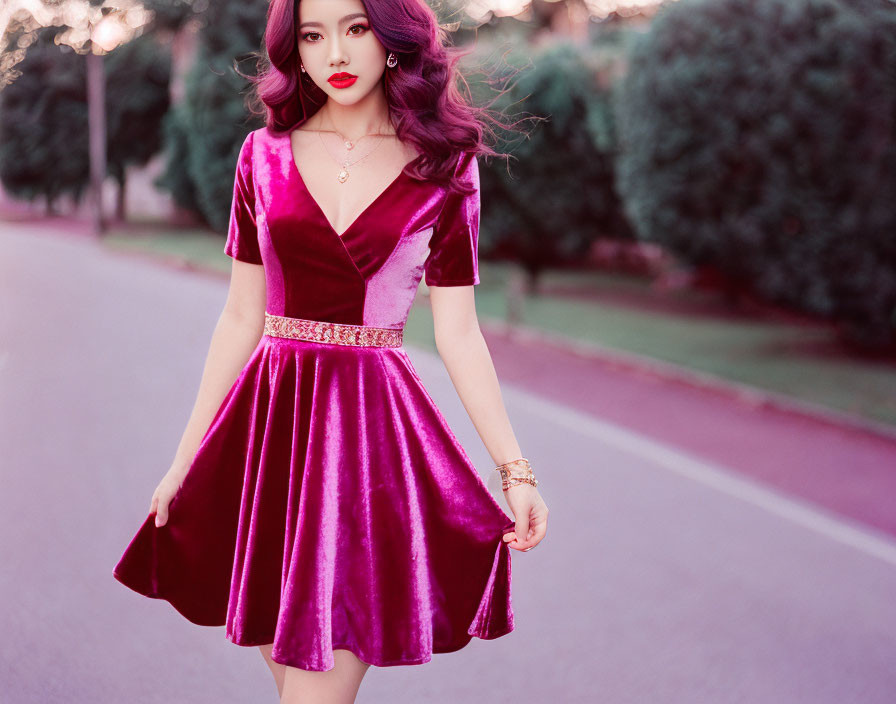 Magenta velvet dress woman twirling on tree-lined street at dusk