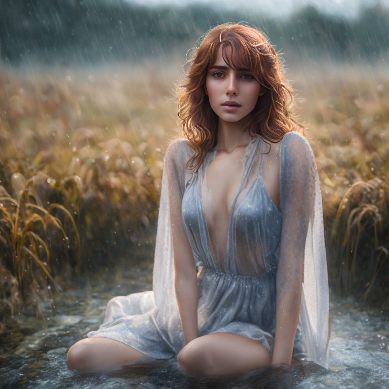 Wavy-haired woman in wet dress sits in water under rain