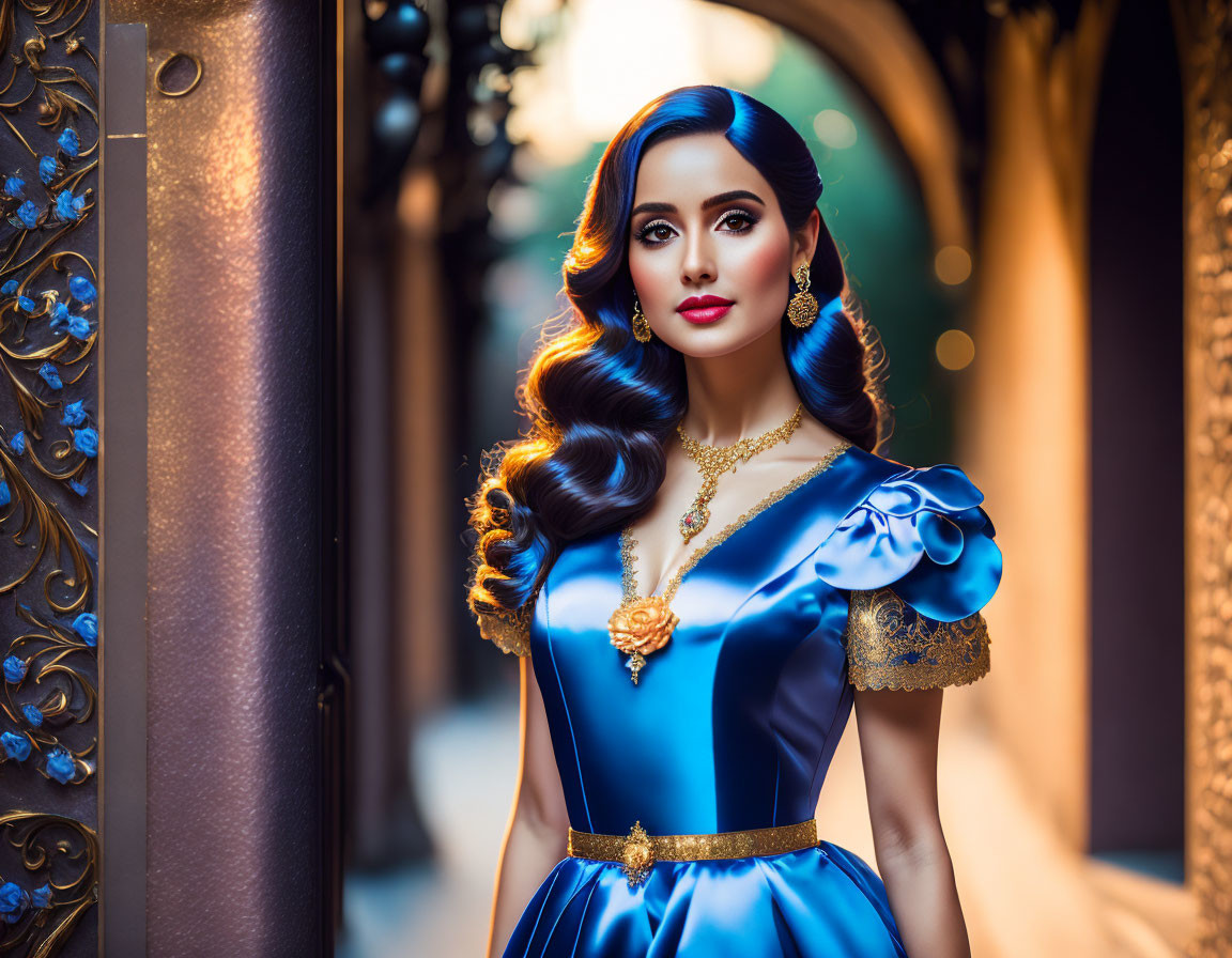 Elegant woman in blue satin gown with vintage jewelry by decorative doorway