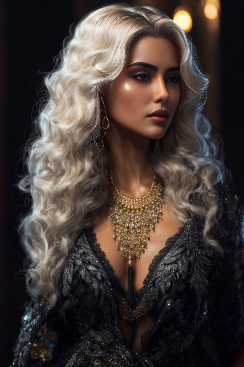 Blonde woman with curly hair, bold makeup, gold necklace, and dark embroidered dress