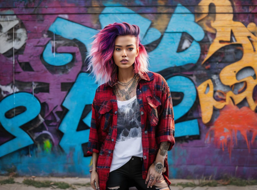 Purple-pink haired youth in red plaid shirt with tattoos in front of graffiti wall