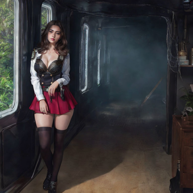 Woman in white blouse and red skirt in foggy train carriage