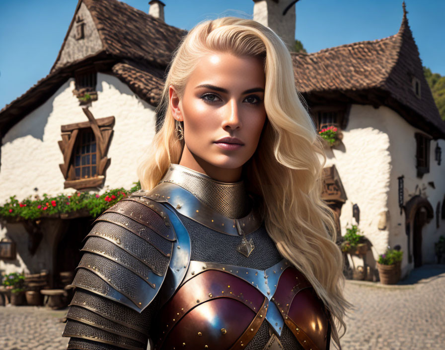 Blonde Woman in Medieval Armor Amid European Cottages