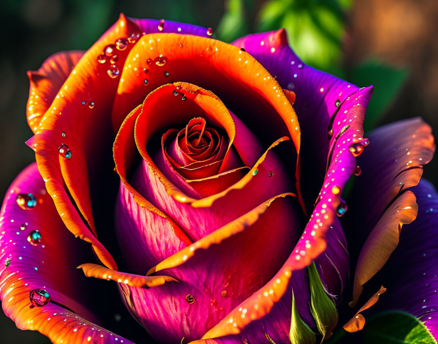 Vibrant red and orange rose with water droplets on soft background