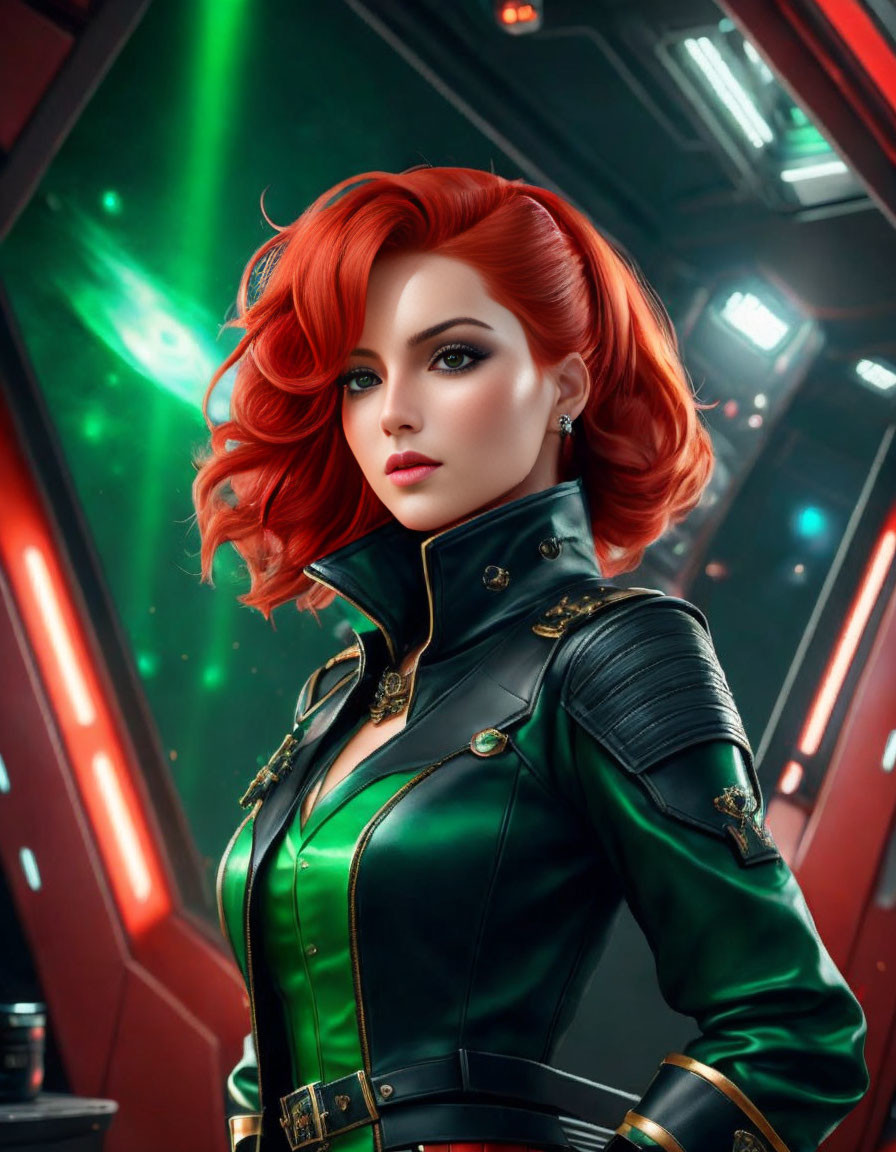 Red-haired woman in futuristic uniform in sci-fi corridor with green lights